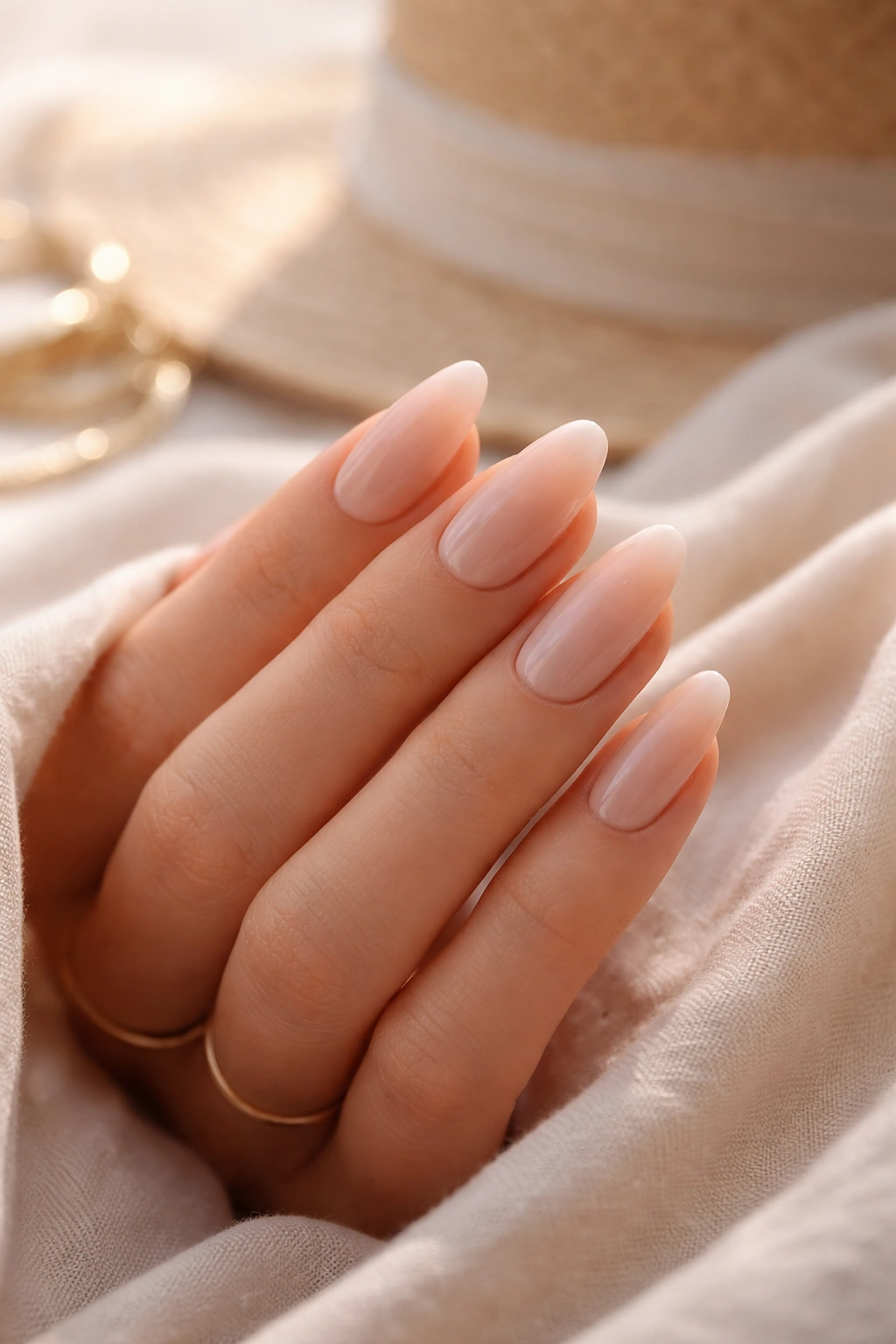 Close-up of a hand with a polished manicure on a neutral background