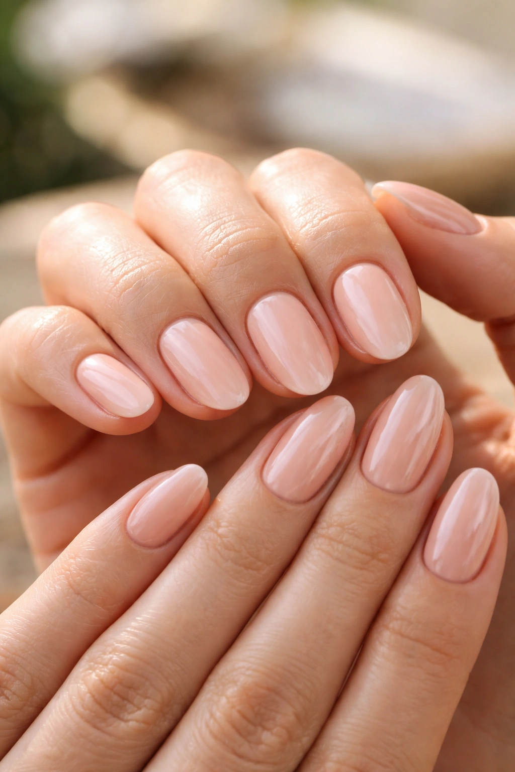 Close-up of hands with short almond nails featuring strong base and glossy top coat