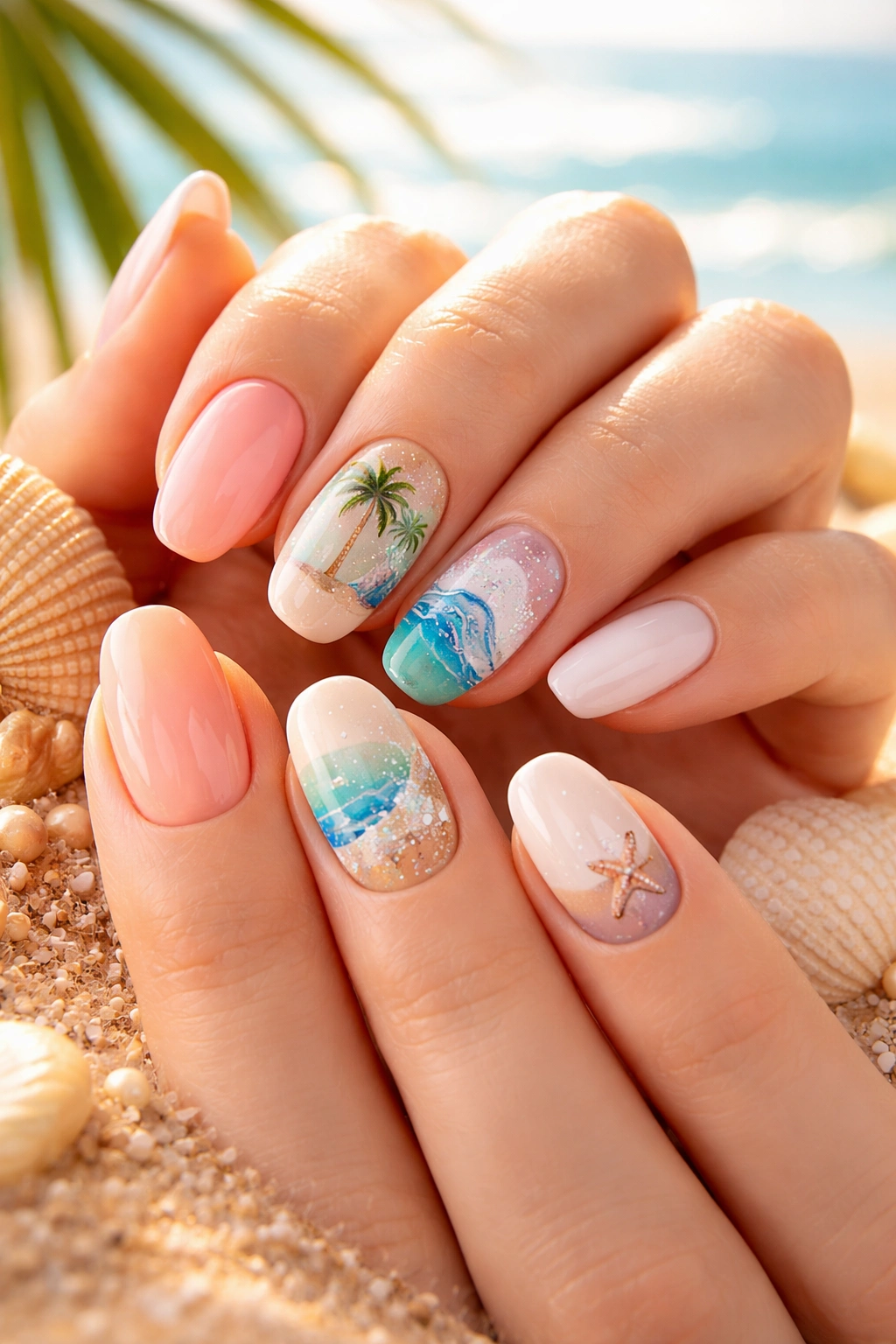Close-up of vacation-themed nails with palm tree, wave, and seashell accents