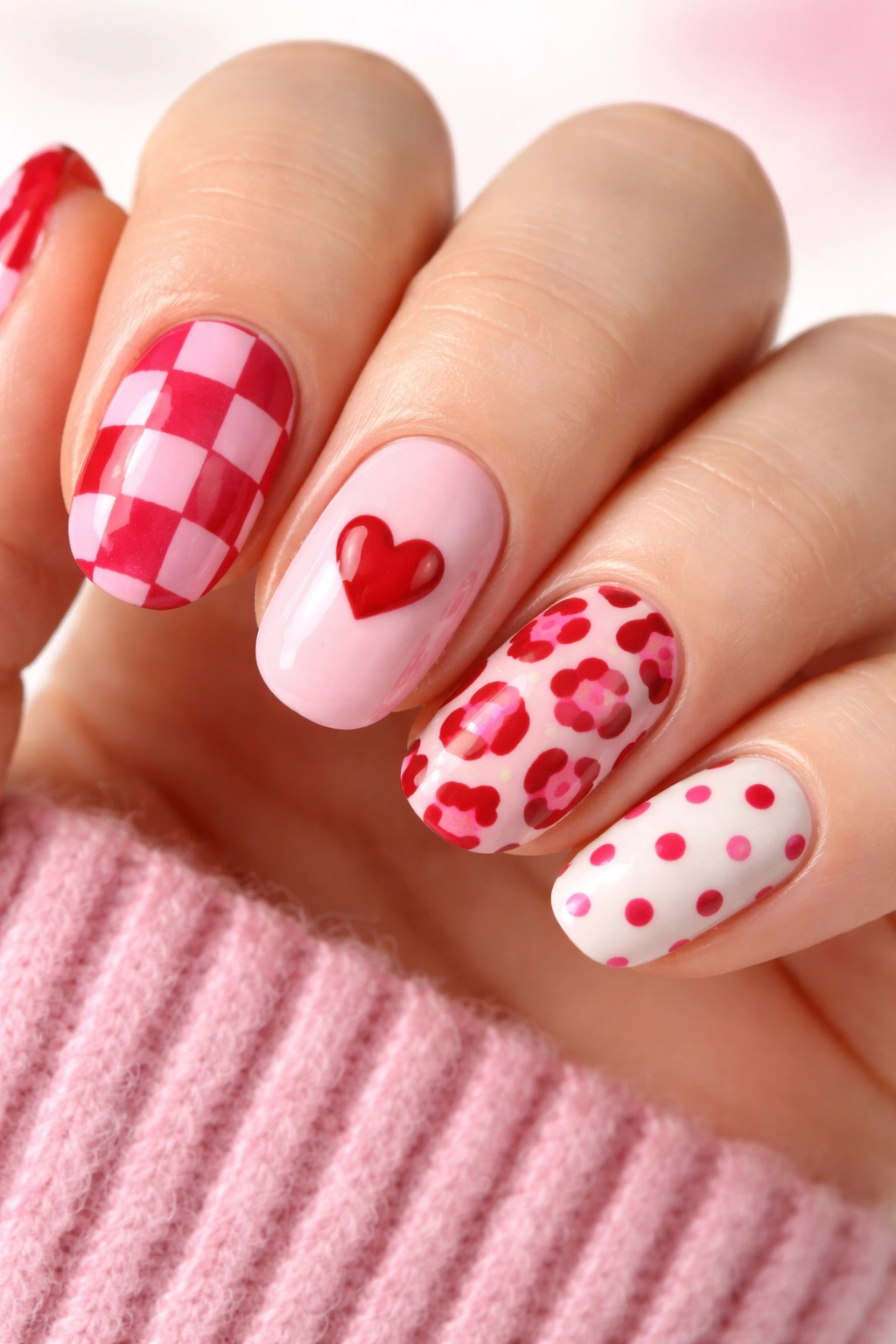 Nails showing checkerboard, animal prints, and polka dots in Valentine colors