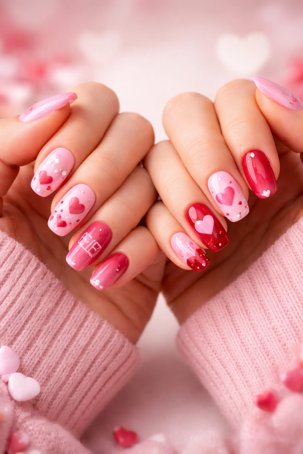 Close-up of two hands with matching Valentine nails in pink and red with hearts