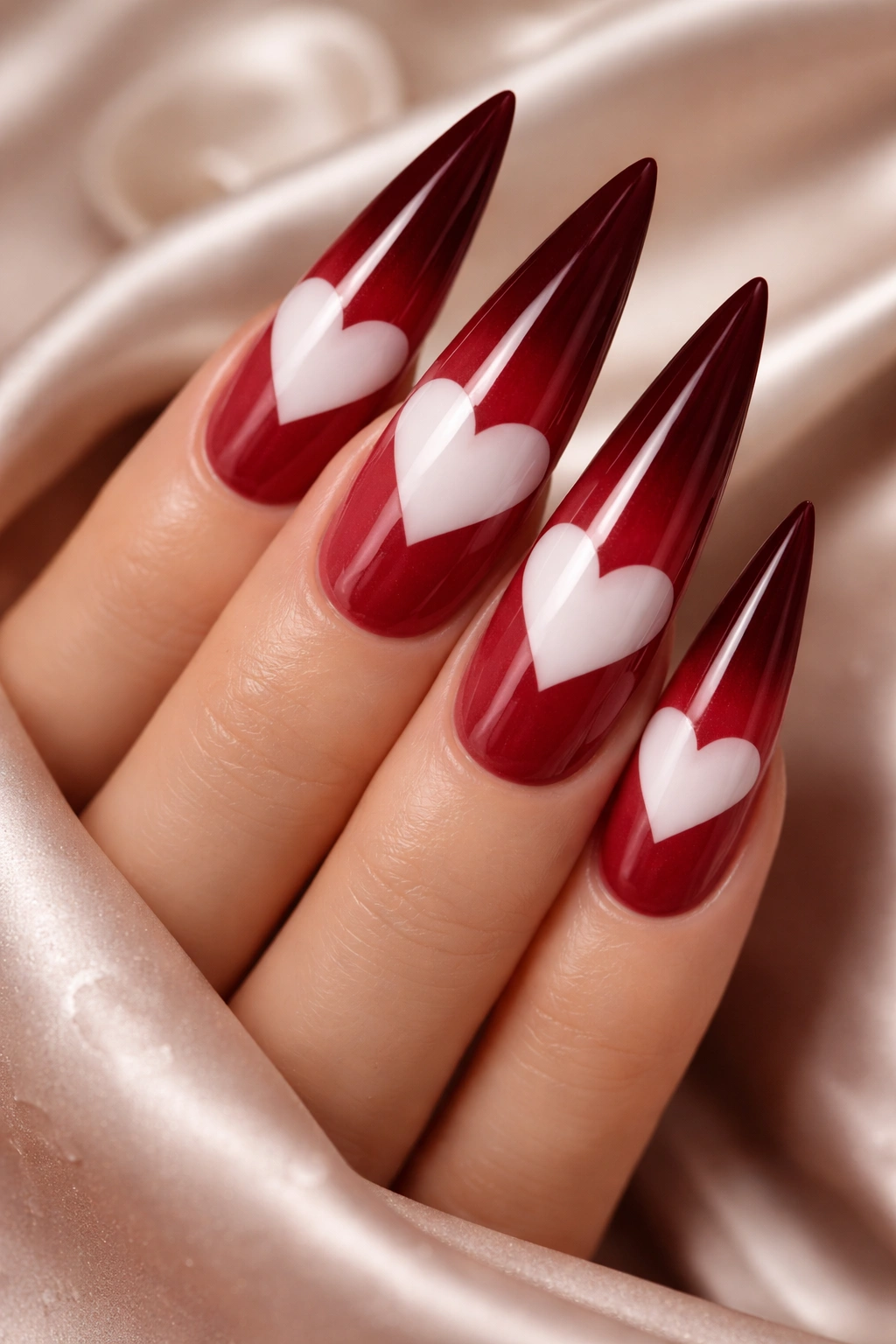 Close-up of Valentine’s Day red ombre stiletto nails with white heart accents