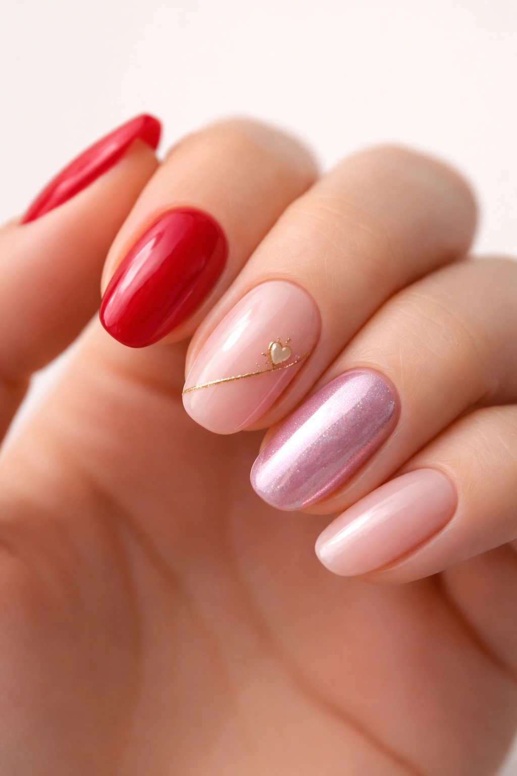 Valentine's nails featuring red glossy, nude with gold accent, and chrome pink designs.