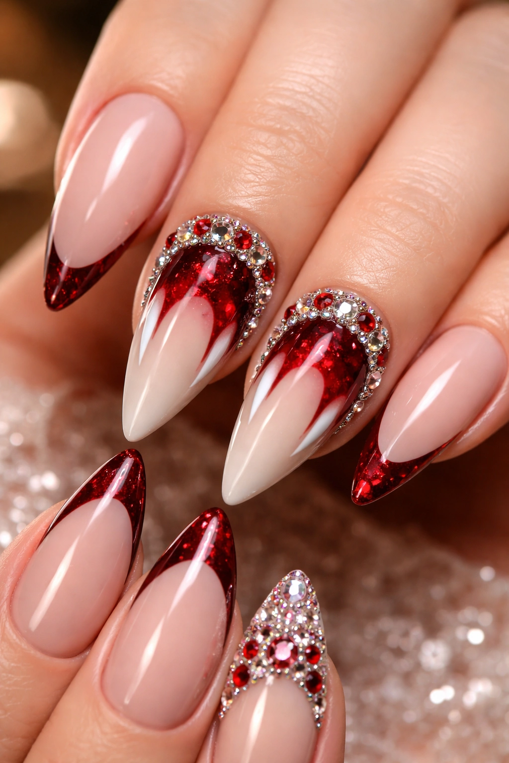 Nude nails featuring red vampire fangs and surrounding gems for a glam Halloween look