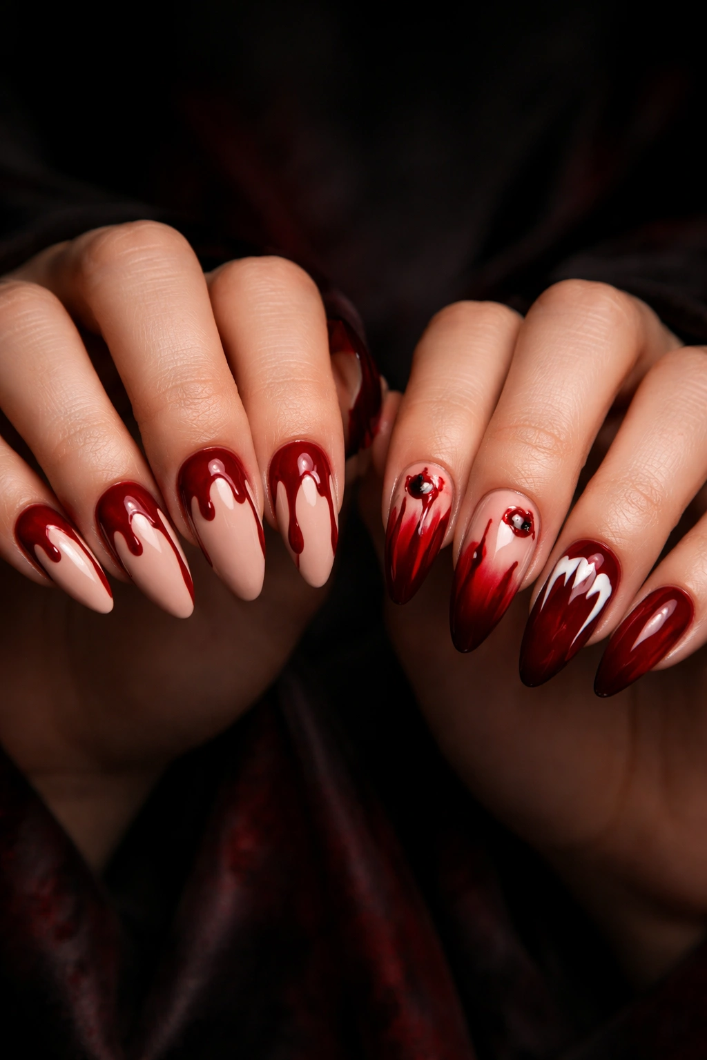 Two hands with vampire nails: blood drips and bite marks in a cohesive dark red palette.