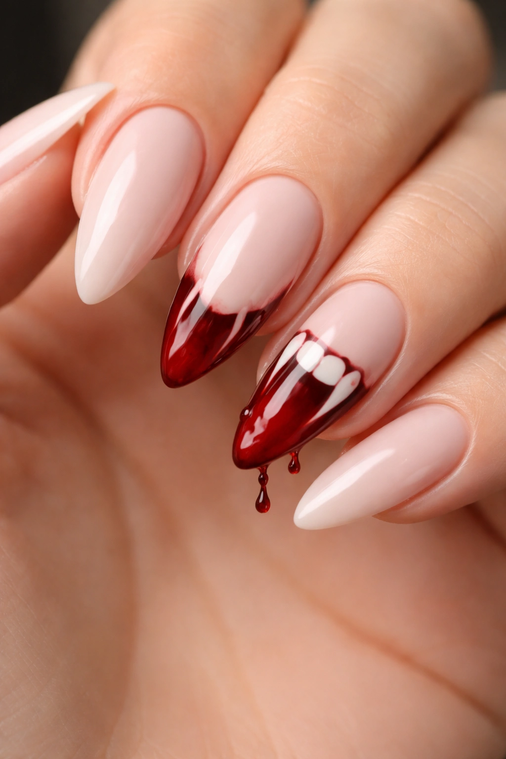 Almond nails with pale base and red dripping fang design