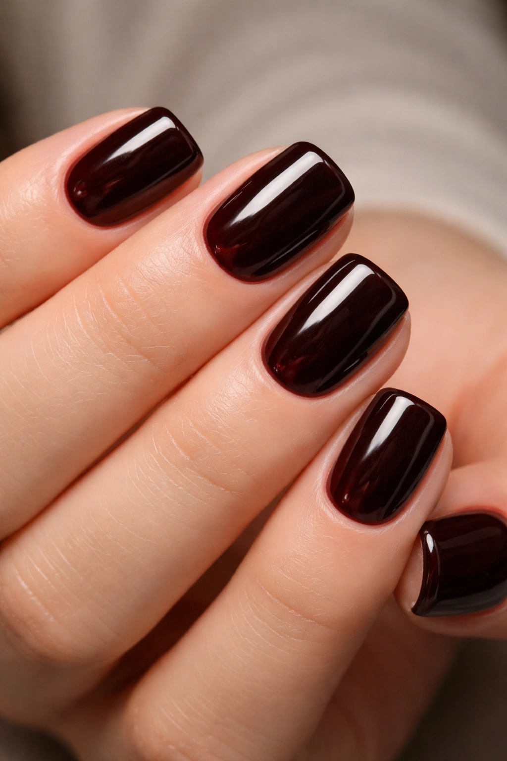 Short square nails in vampy cherry cola color with high gloss