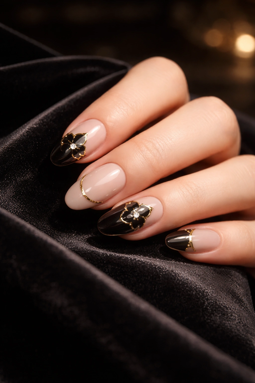 Hand on velvet with luxe Van Cleef-inspired nails