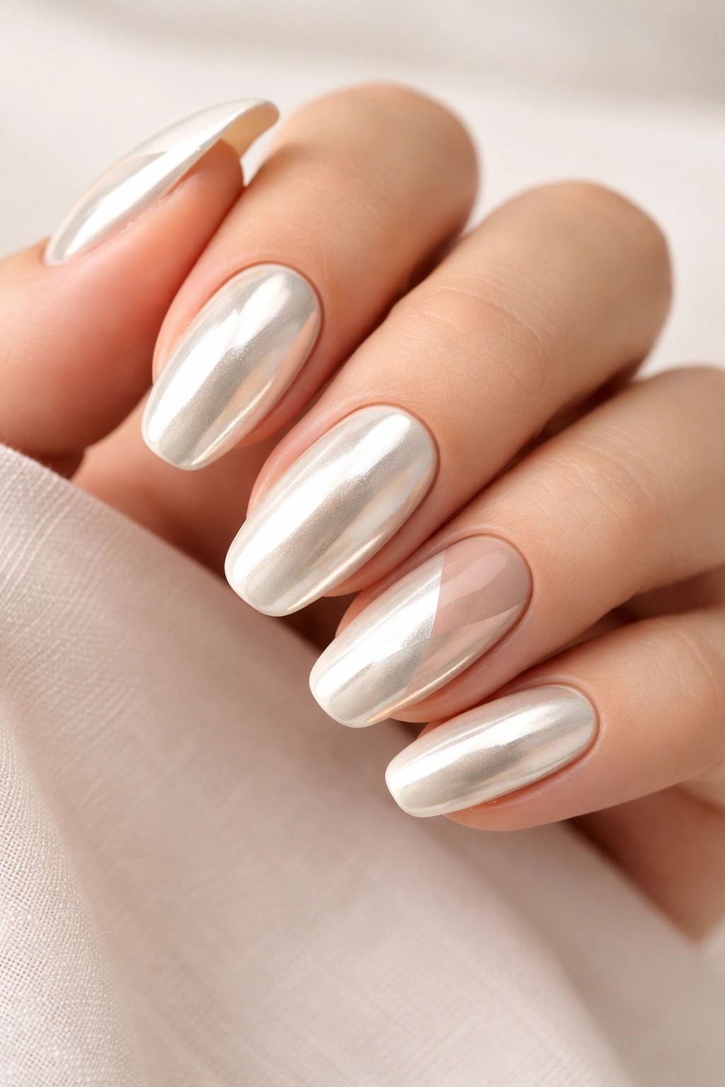 Creamy off-white nails with chrome overlay and a negative-space accent
