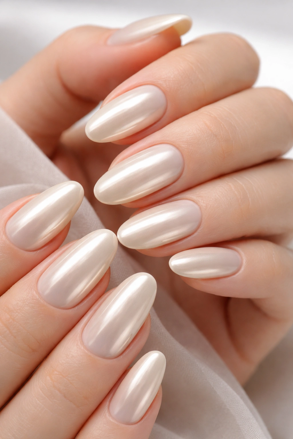 Close-up of vanilla-white nails with a subtle chrome finish