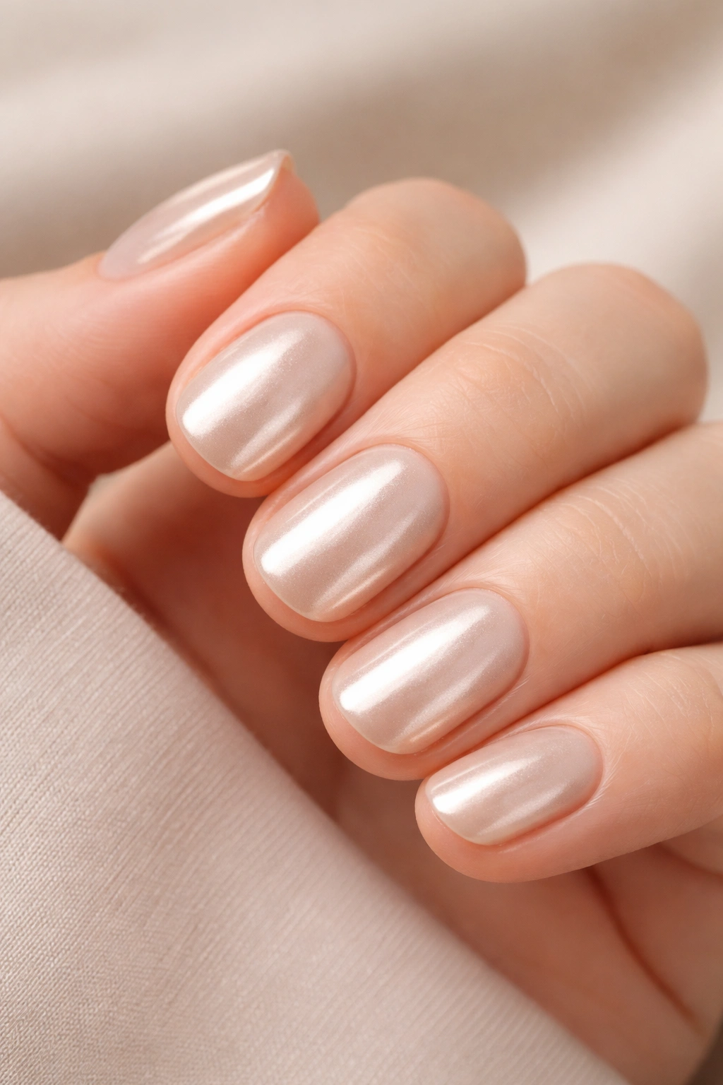 Close-up of short rounded vanilla chrome nails on fingertips.