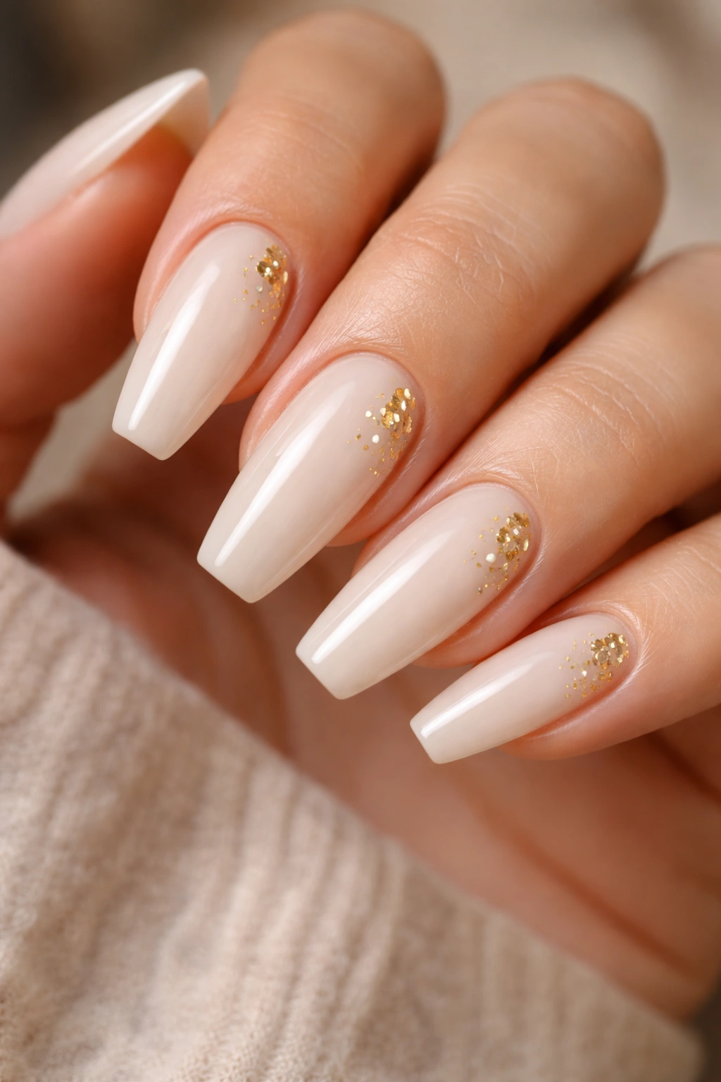 Vanilla cream ballerina nails with gold foil accents