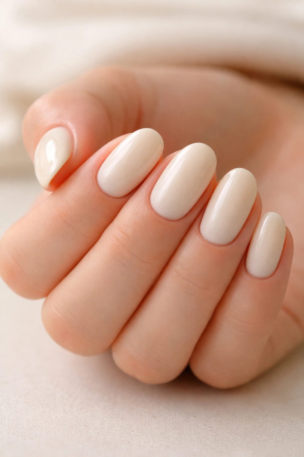 Close-up of short oval nails in vanilla cream