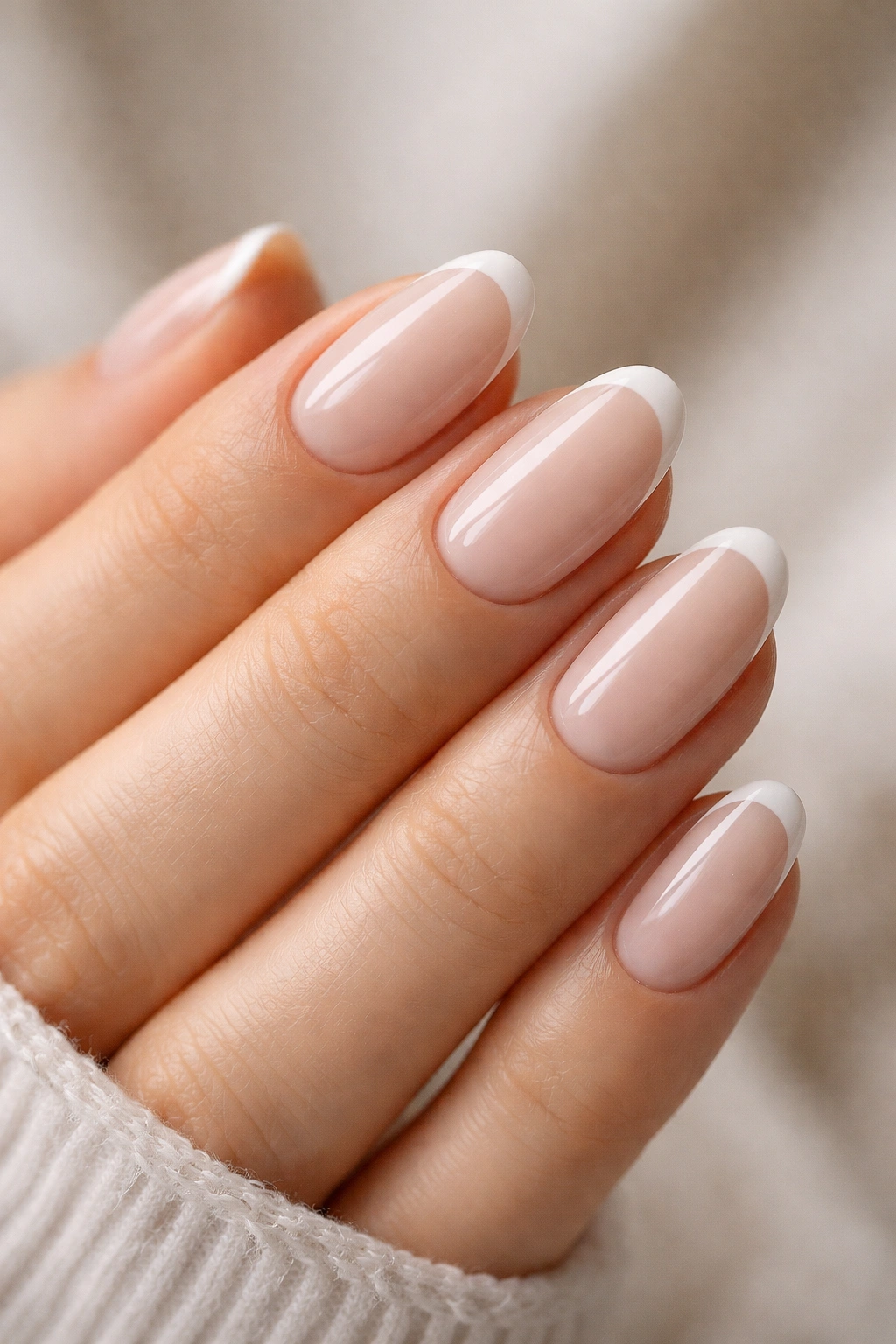 Close-up of short almond nails with vanilla French micro tips on a sheer nude base, glossy finish