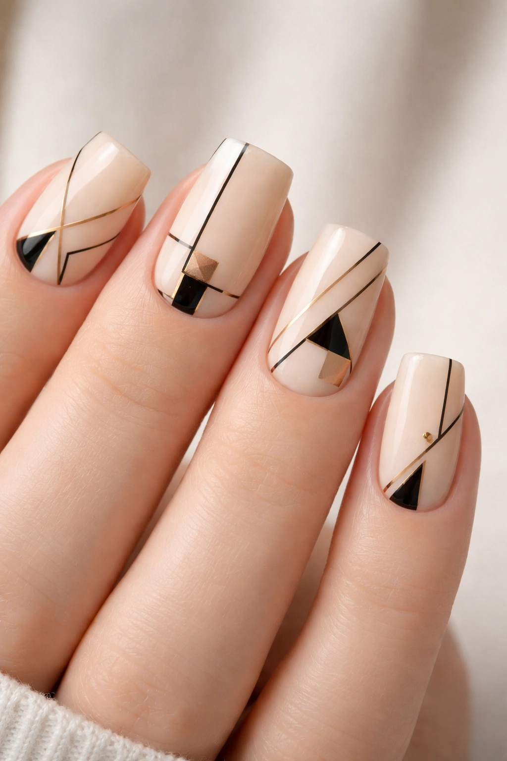 Close-up of warm vanilla nails with geometric black and gold shapes on soft square nails