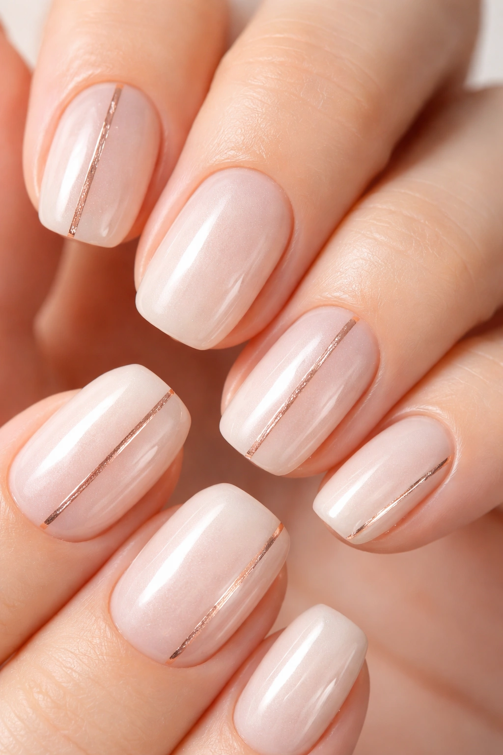 Nails with vanilla glaze and thin rose gold stripes