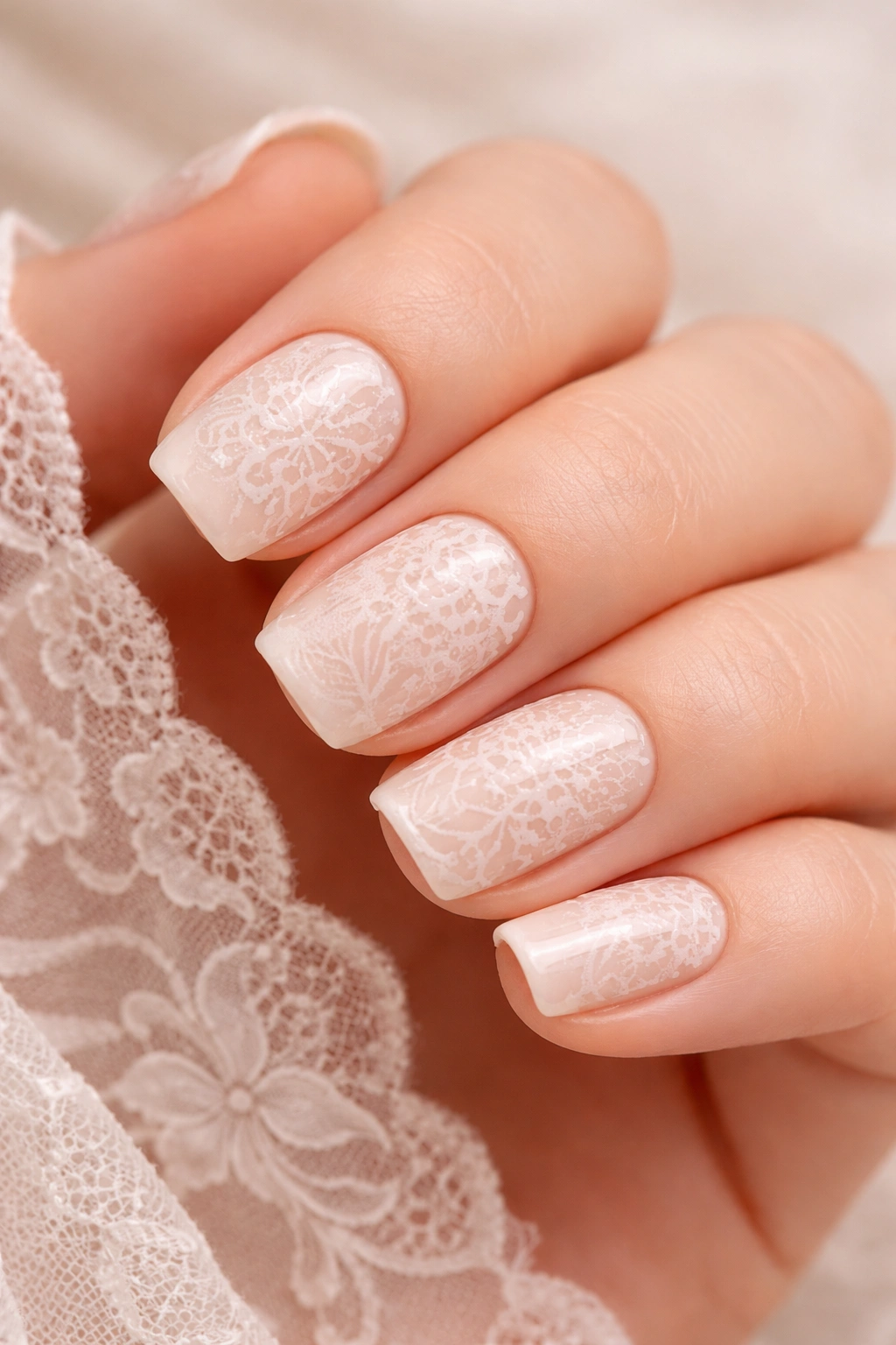 Close-up of vanilla-toned acrylic nails with delicate white lace pattern on short squoval nails