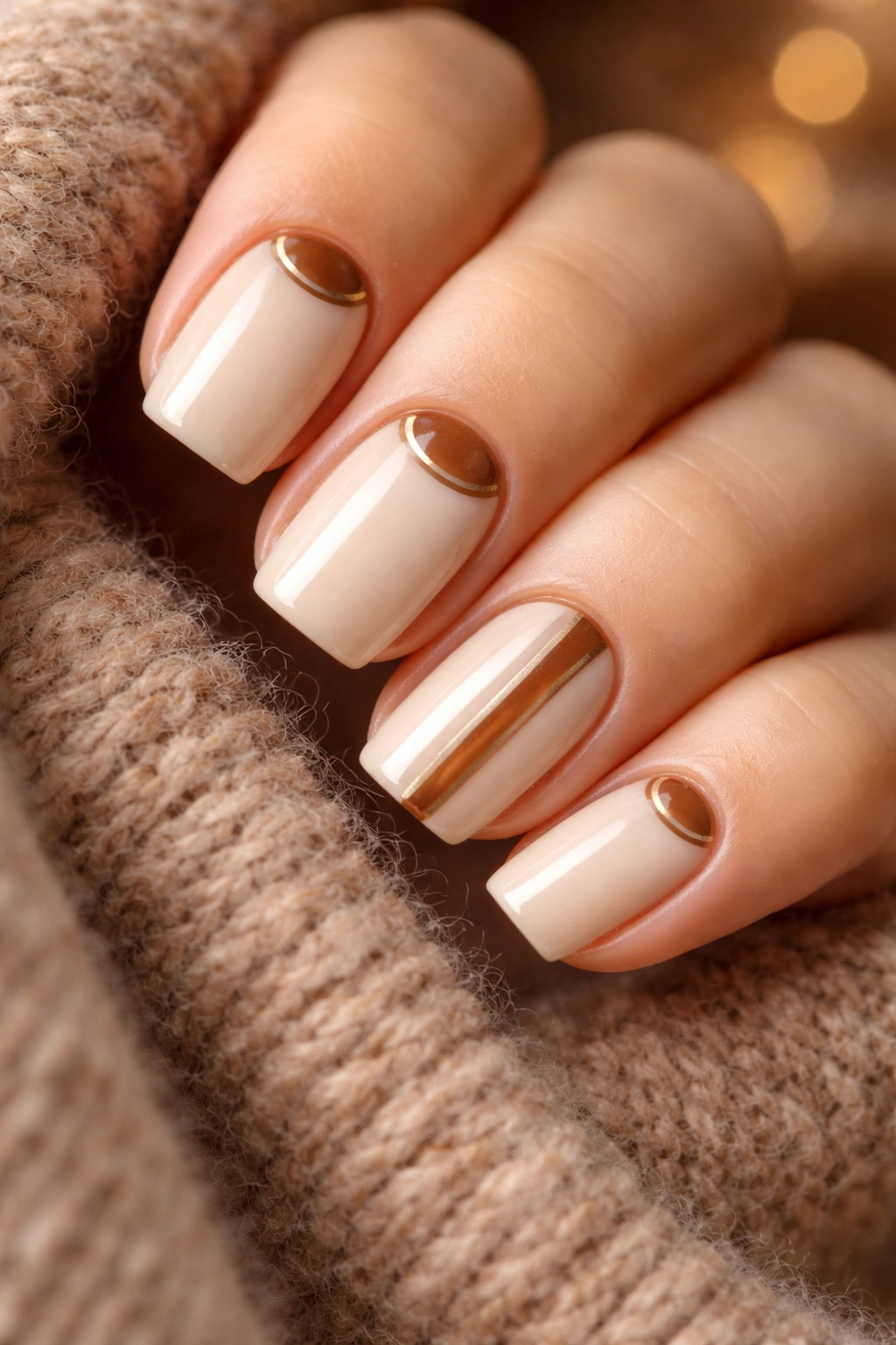 Vanilla latte nails with brown details on short squoval nails