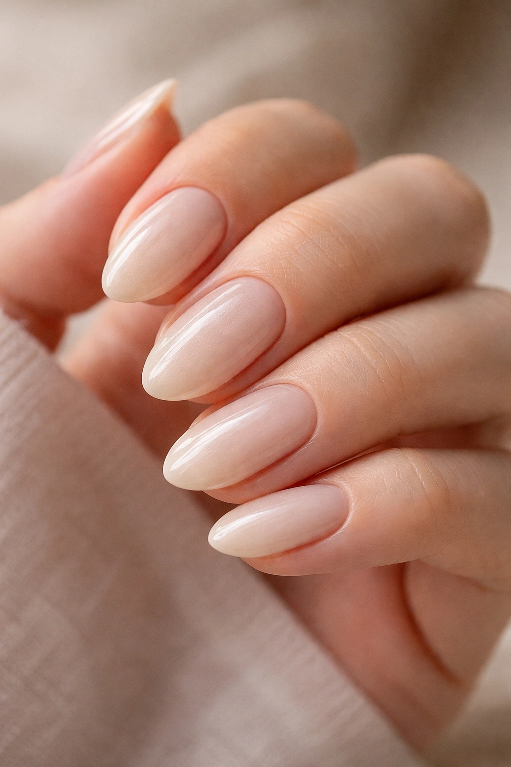 Close-up of short almond nails in vanilla milk cream with glaze depth
