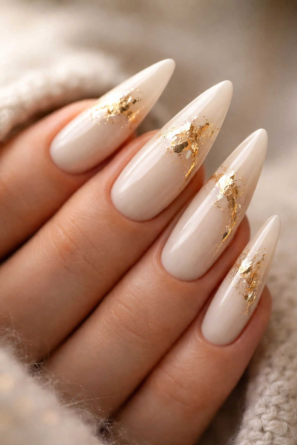 Close-up of creamy vanilla nails with gold foil accents