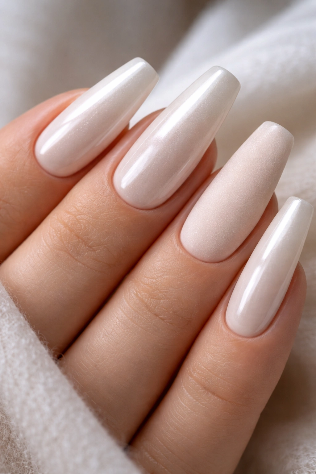 Close-up of vanilla pearl ballerina nails with matte and pearl contrast