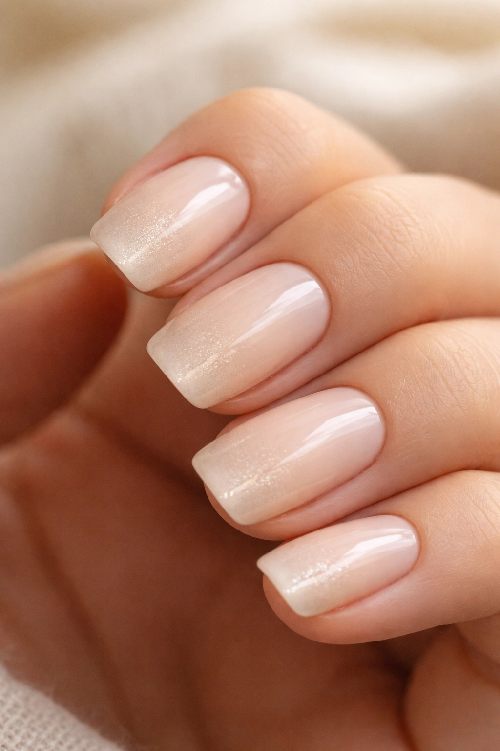 Close-up of vanilla nails with translucent tips and soft shimmer