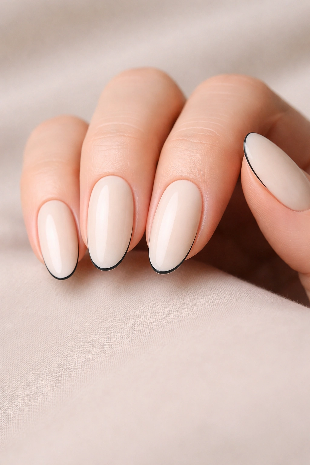 Close-up of warm vanilla oval nails with a thin black underline along the free edge