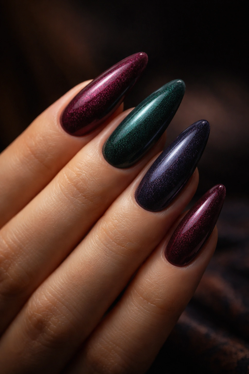 Velvet almond nails with deep jewel-tone texture catching the light