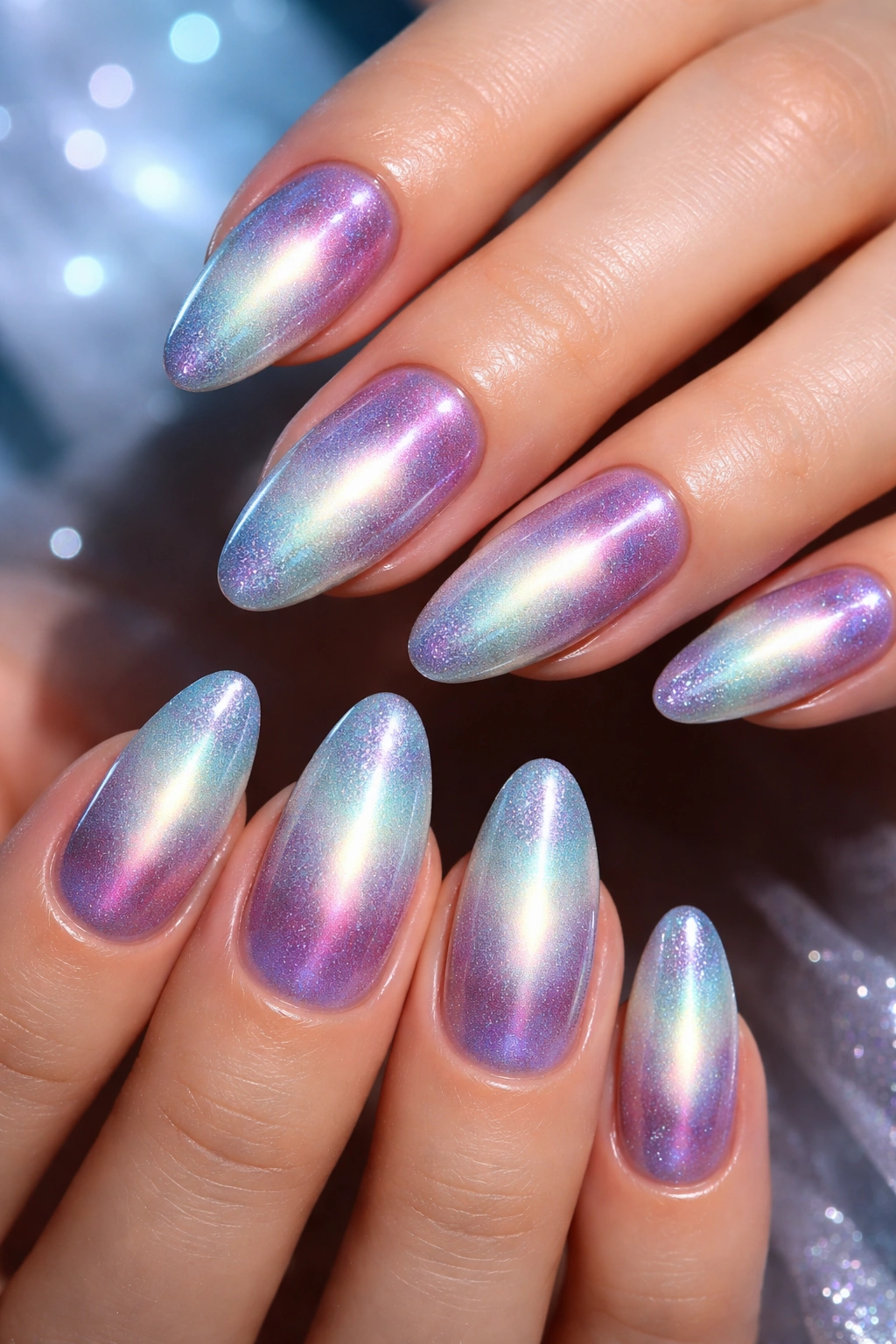 Nails with velvet aura gradient and shimmering texture