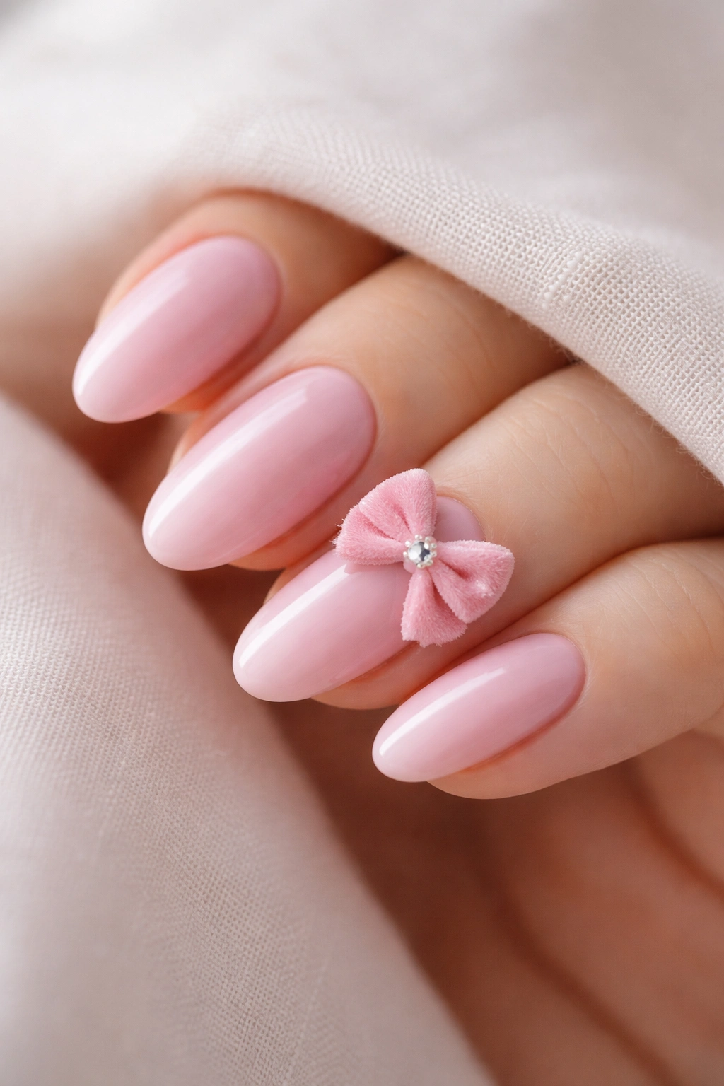 Baby pink nails with 3D velvet bows
