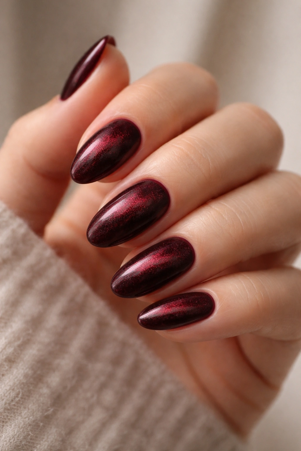 Close-up of short almond nails with velvet burgundy finish