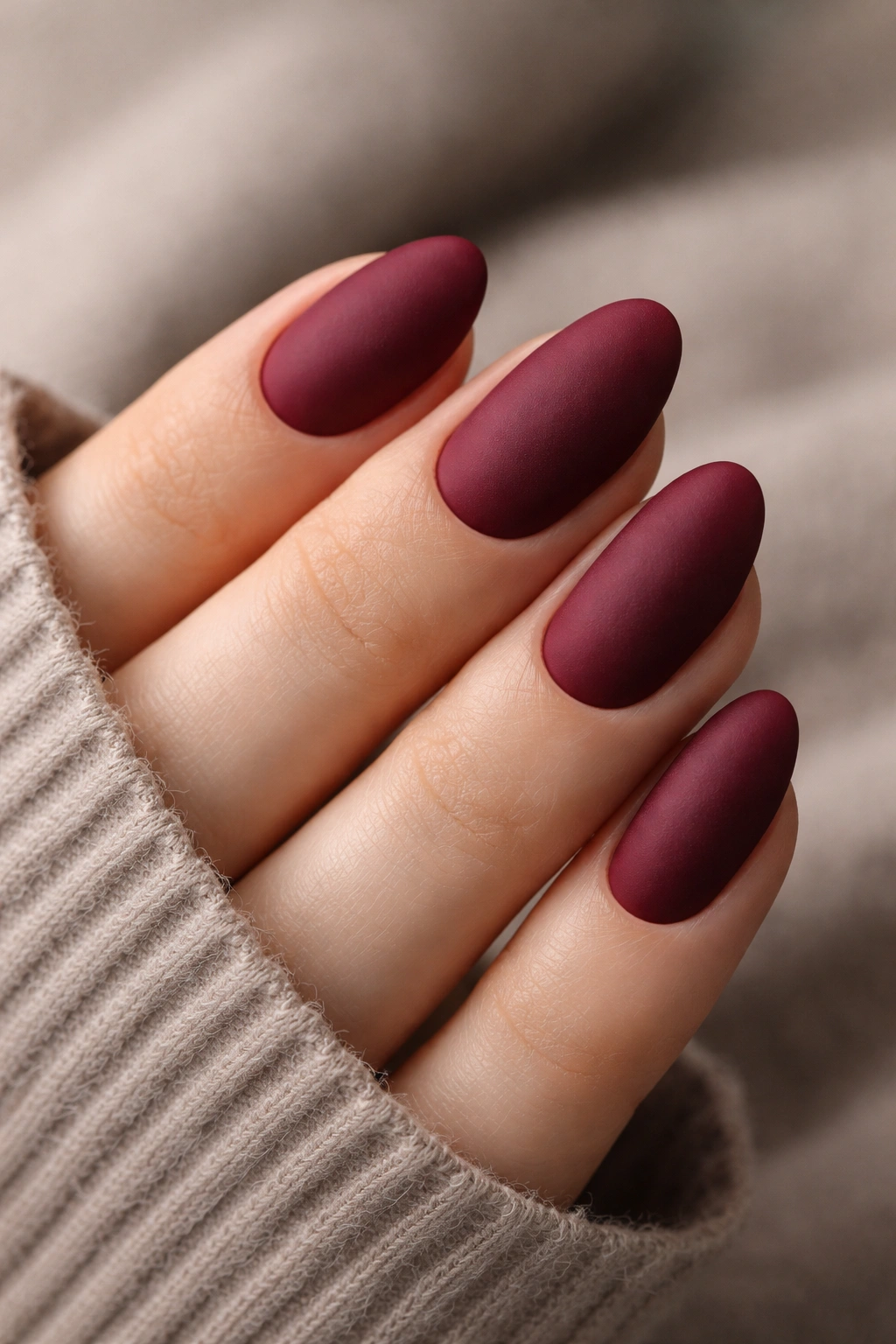 Close-up of short almond nails with velvet burgundy matte finish