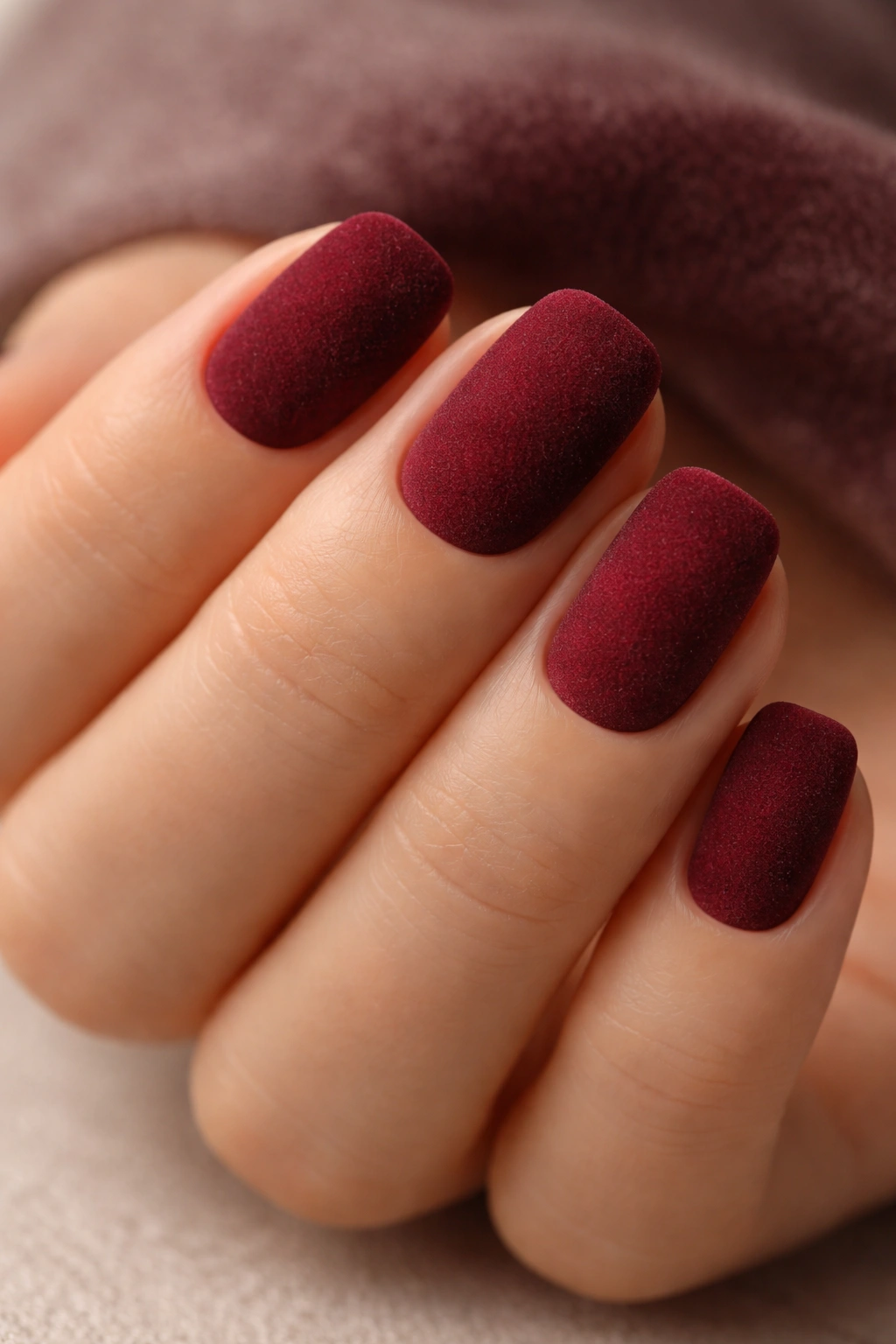 Velvet burgundy nails with suede-like texture on short squoval nails.