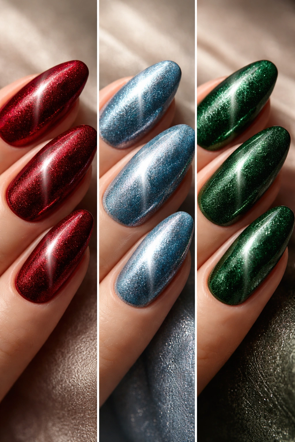 Velvet cat-eye nails with magnetic shimmer on a neutral backdrop