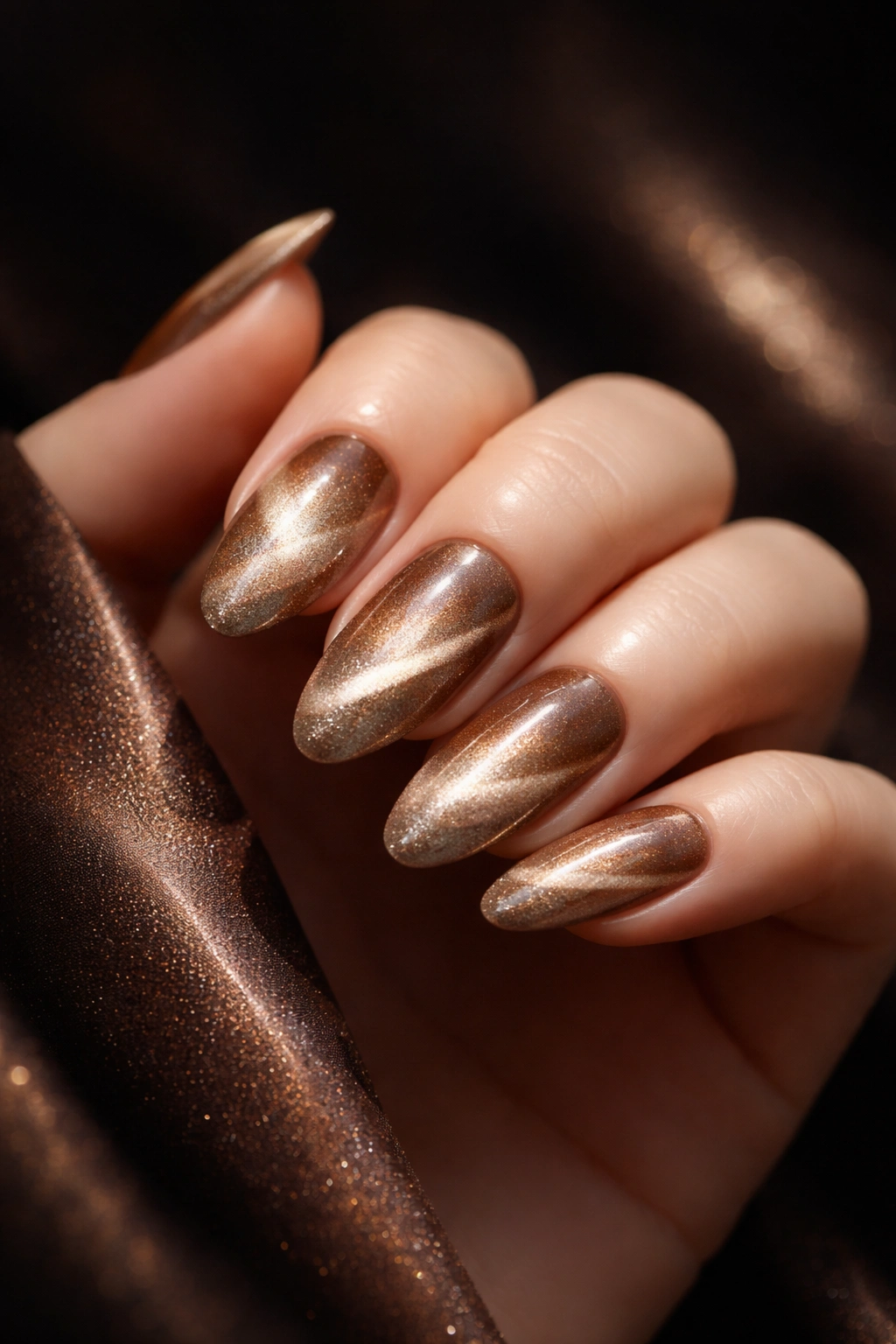 Close-up of velvet cat-eye nails with magnetic shimmer