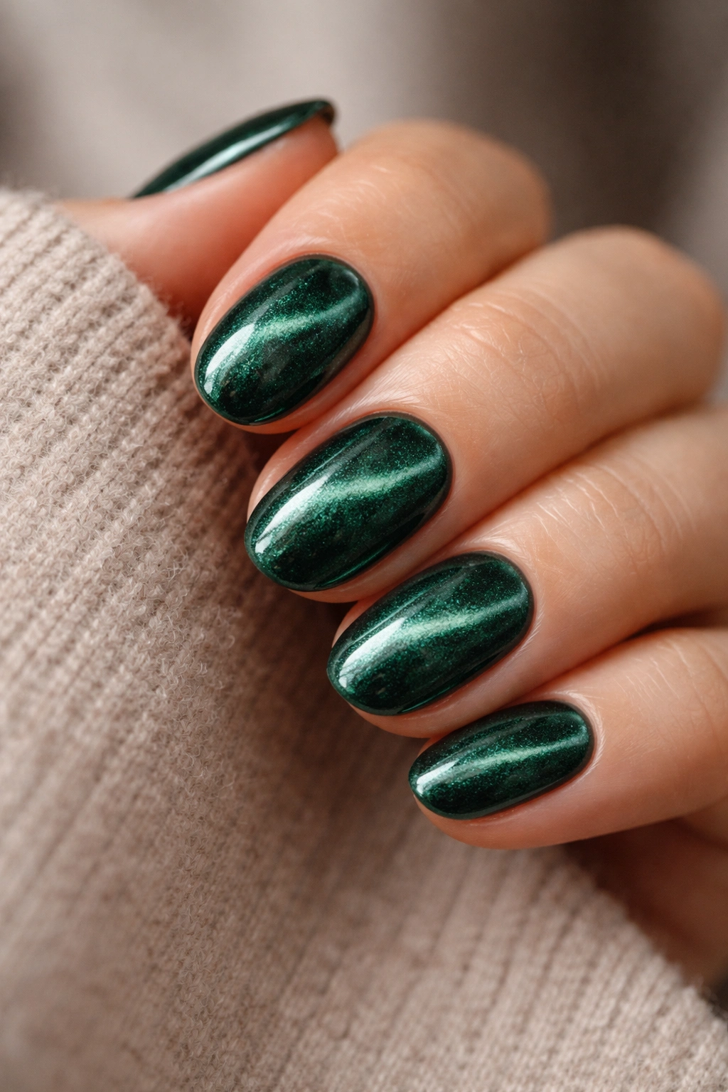 Close-up of emerald velvet cat-eye short oval nails showing magnetic stripe under light