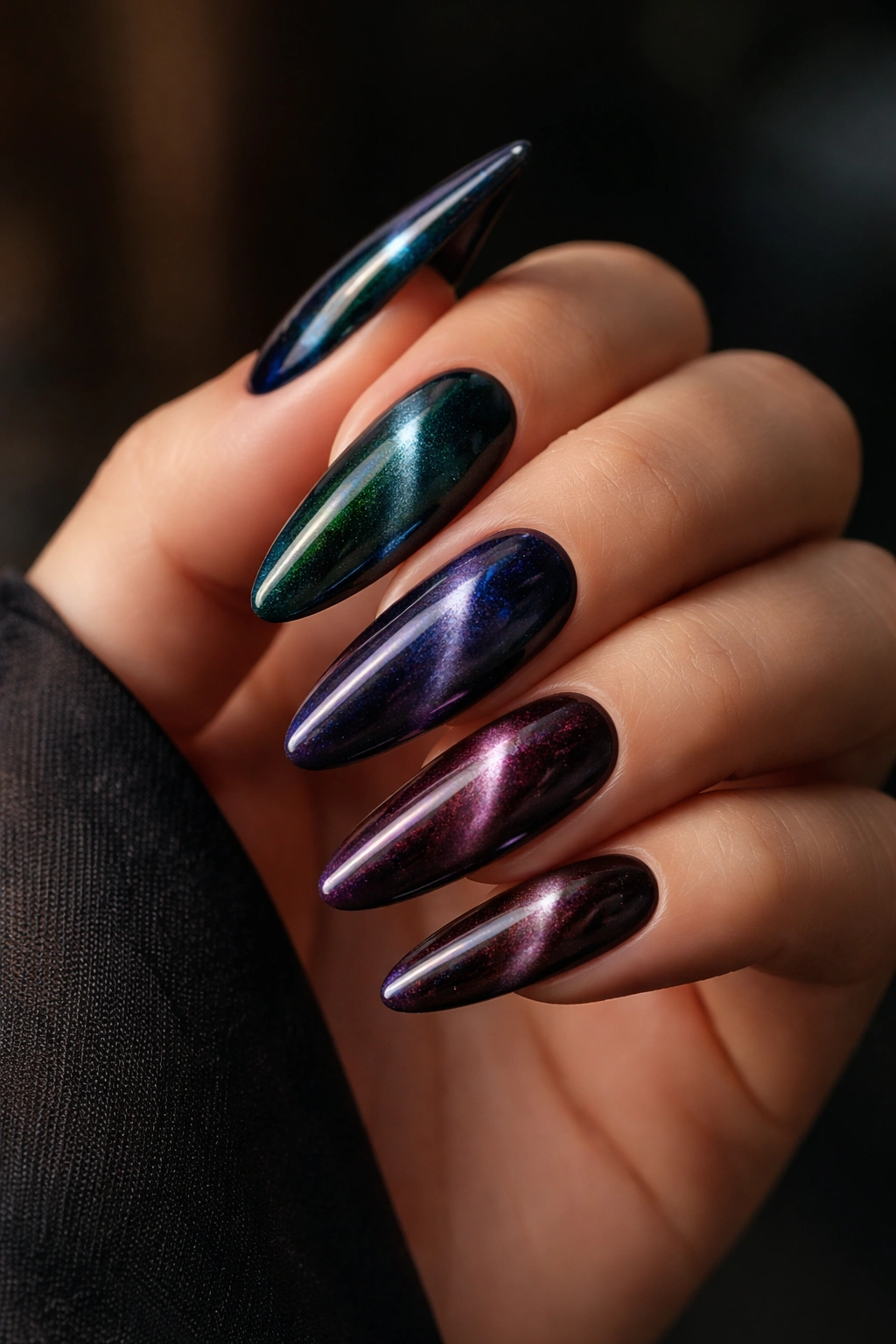 Close-up of velvet cat-eye long oval nails in dark jewel tones