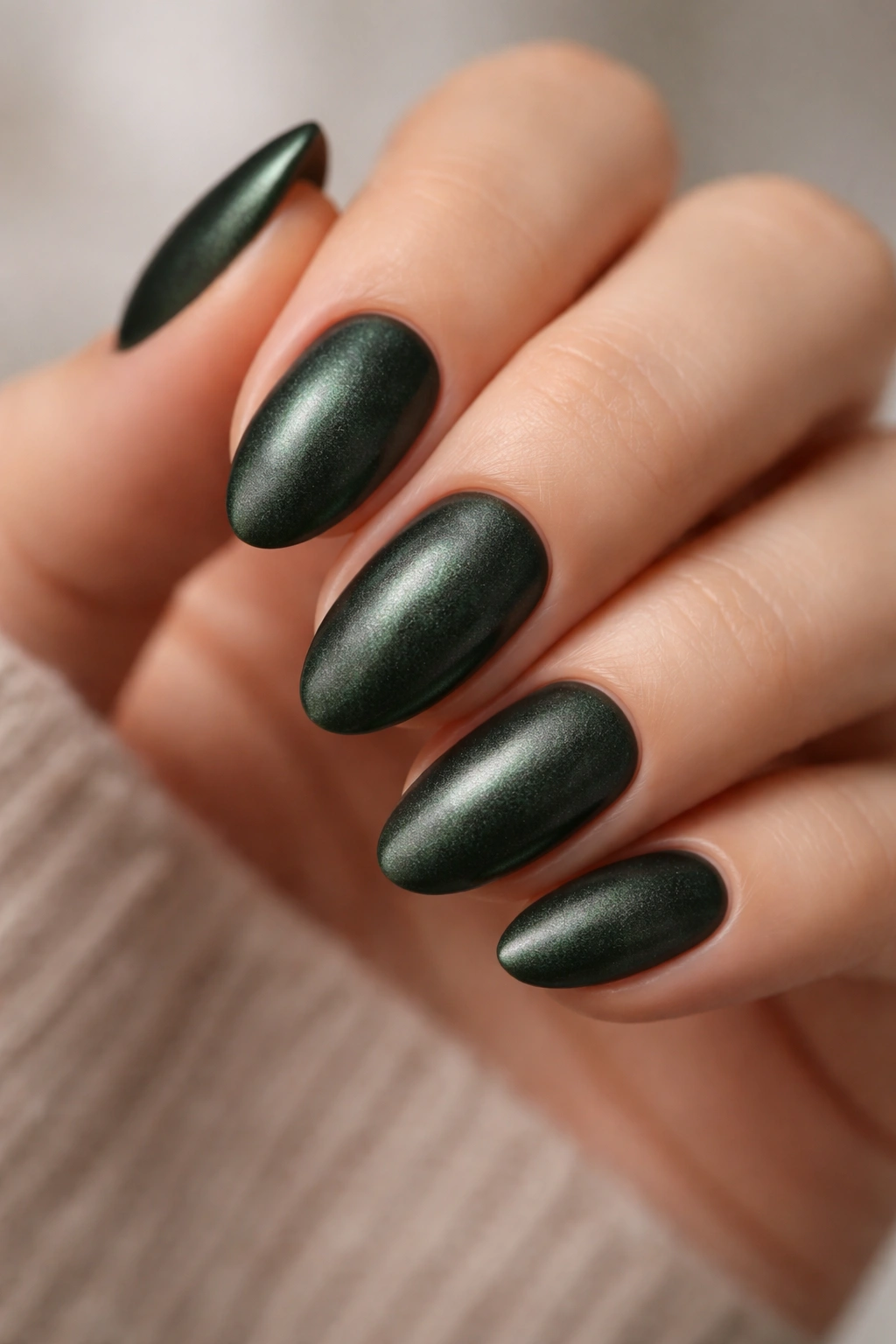 Close-up of short almond nails with velvet finish in dark green
