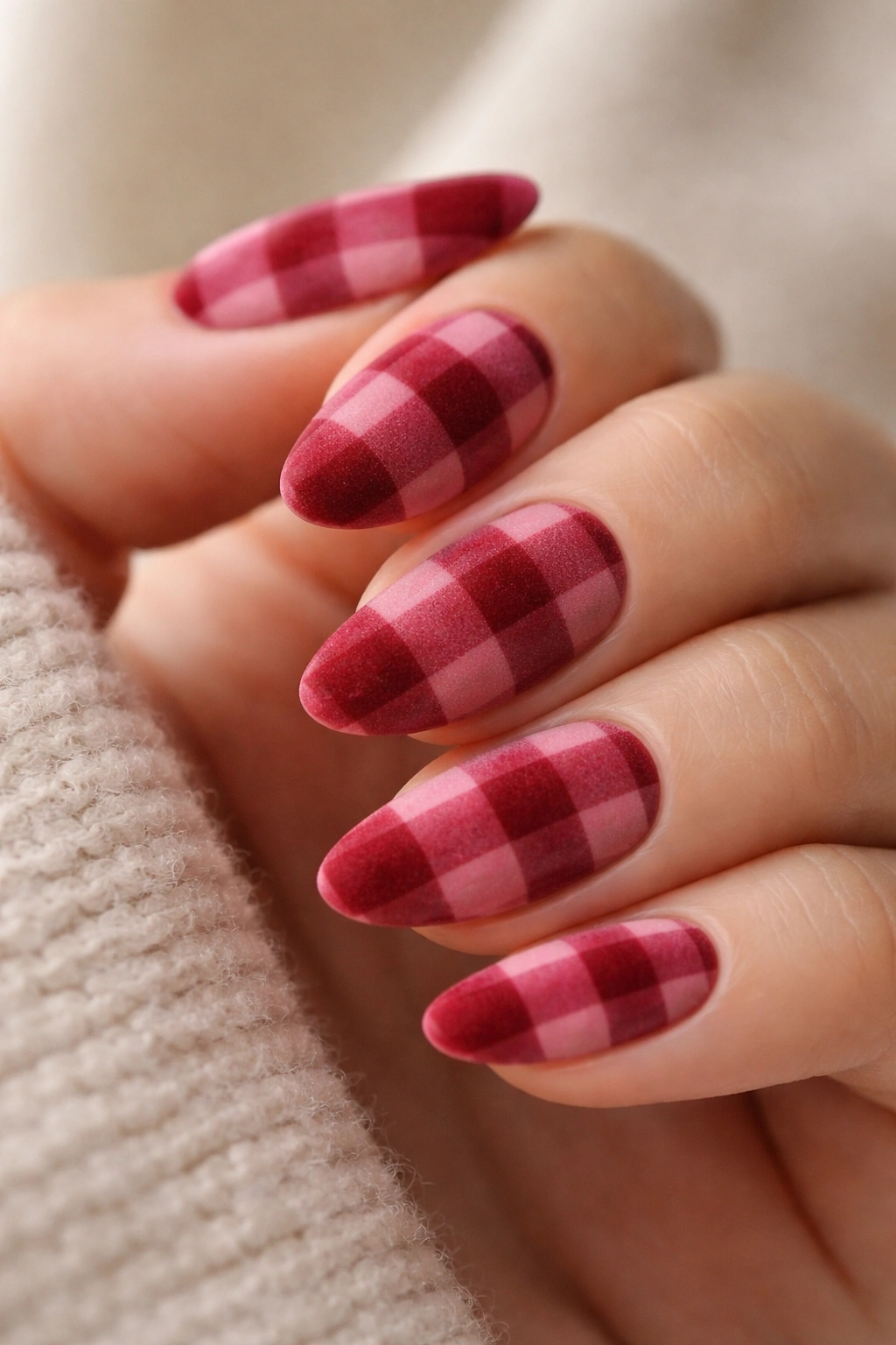 Close-up of short almond nails with velvet-textured deep red checks