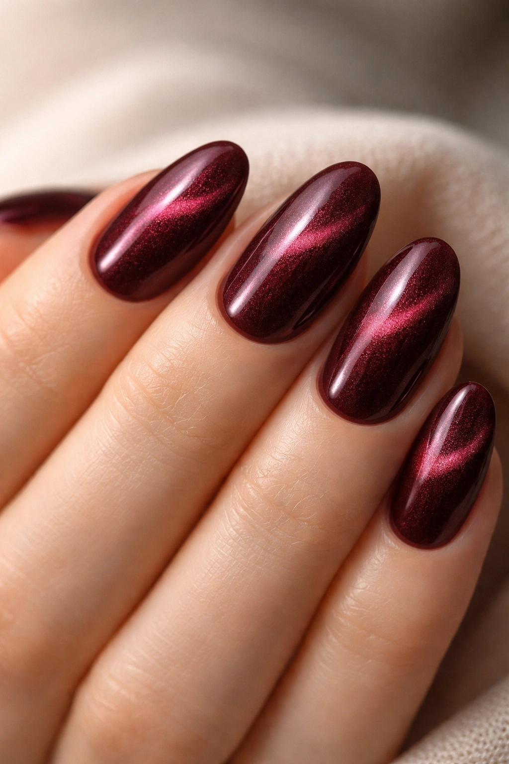 Short almond nails with velvet, magnetic maroon finish catching light