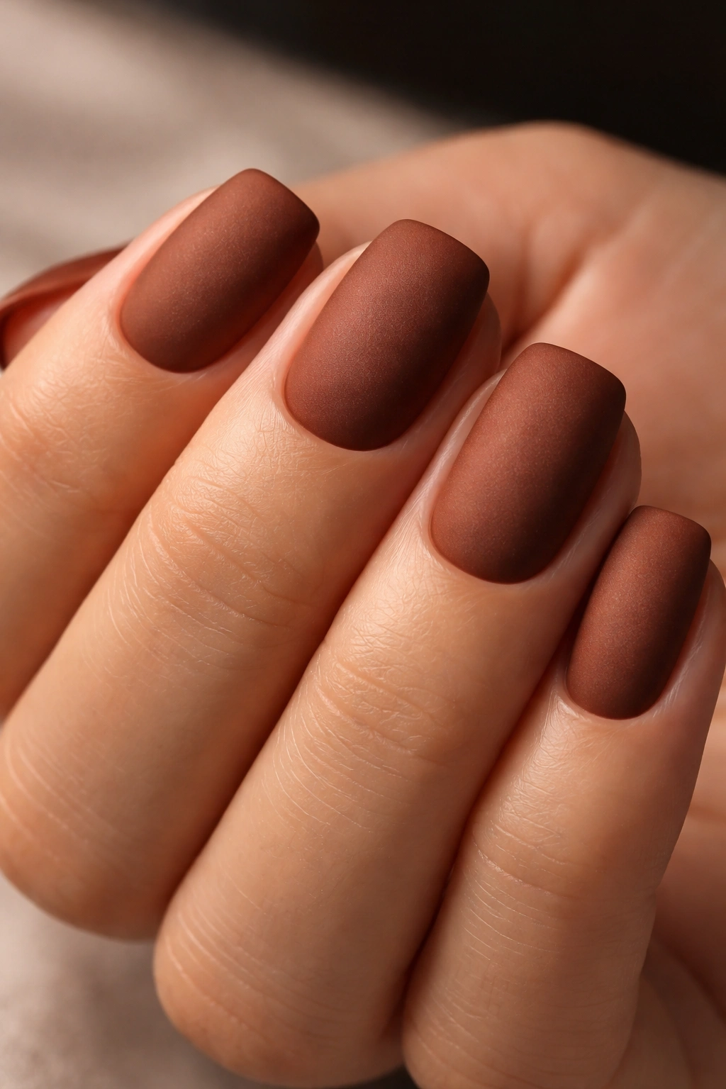 Short squoval nails with warm brown velvet matte finish