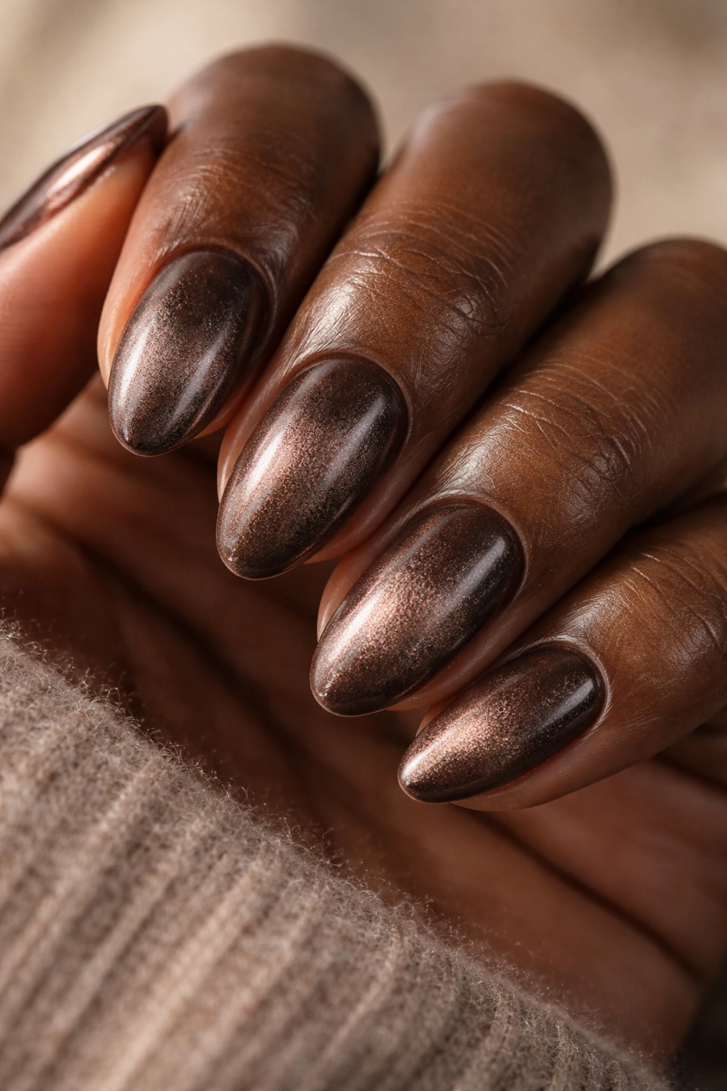 Close-up of a short almond nail with a smoky brown velvet finish and soft sheen.