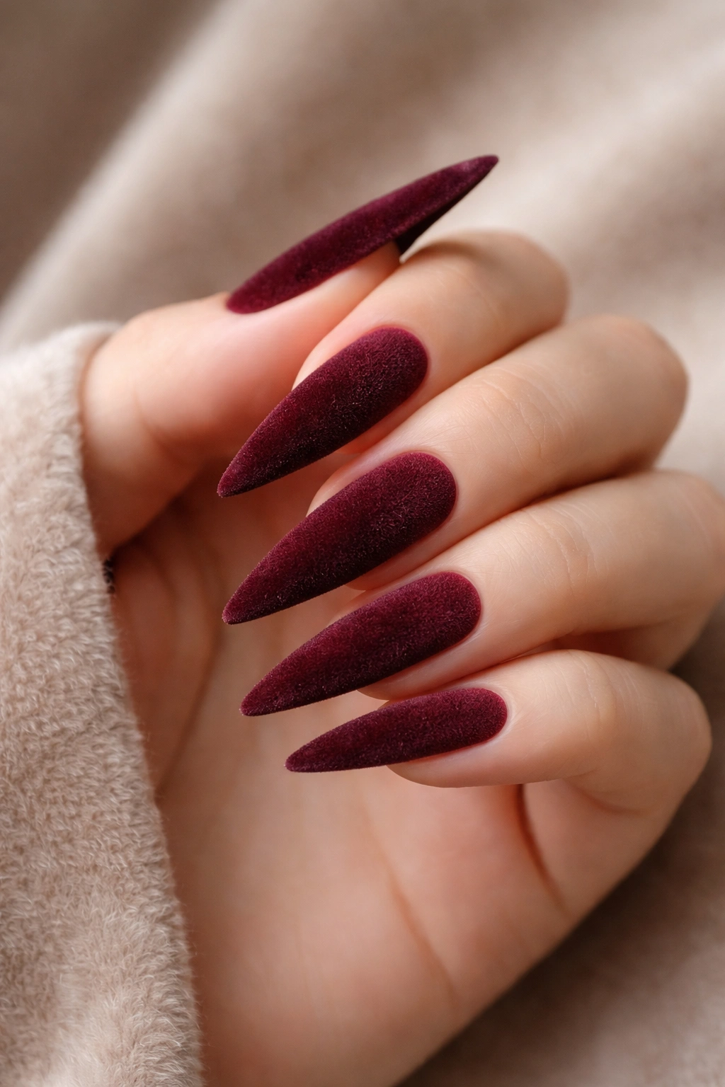 Velvet-textured burgundy dark red stiletto nails close-up