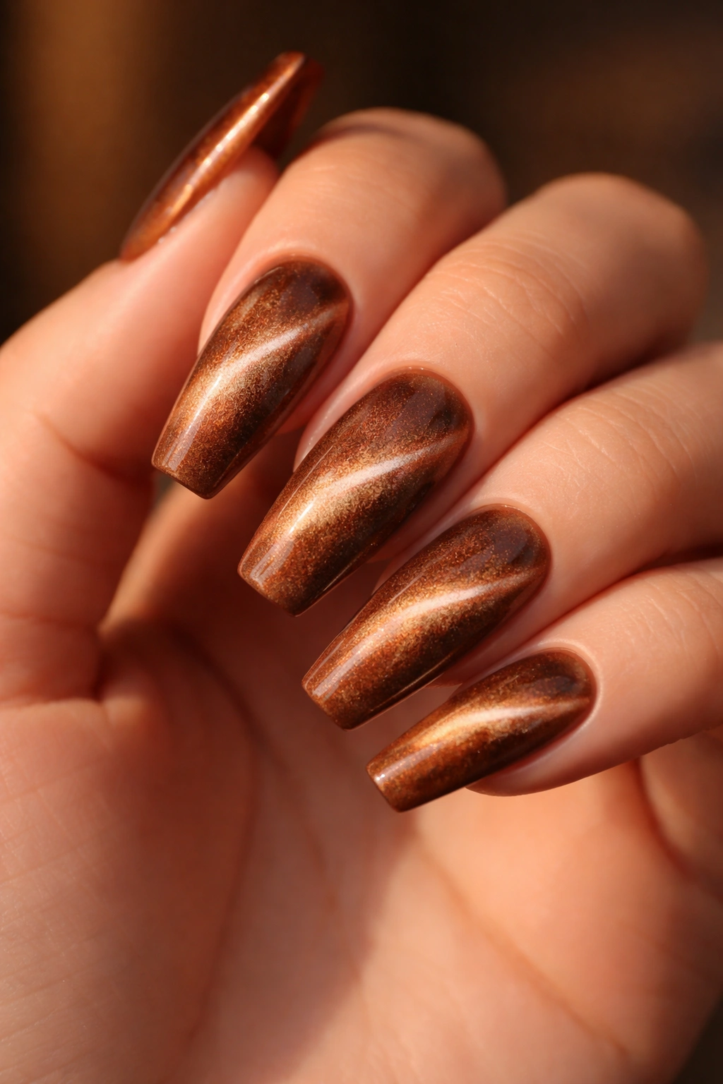 Velvet nails with burnt caramel base and diagonal magnetic shimmer