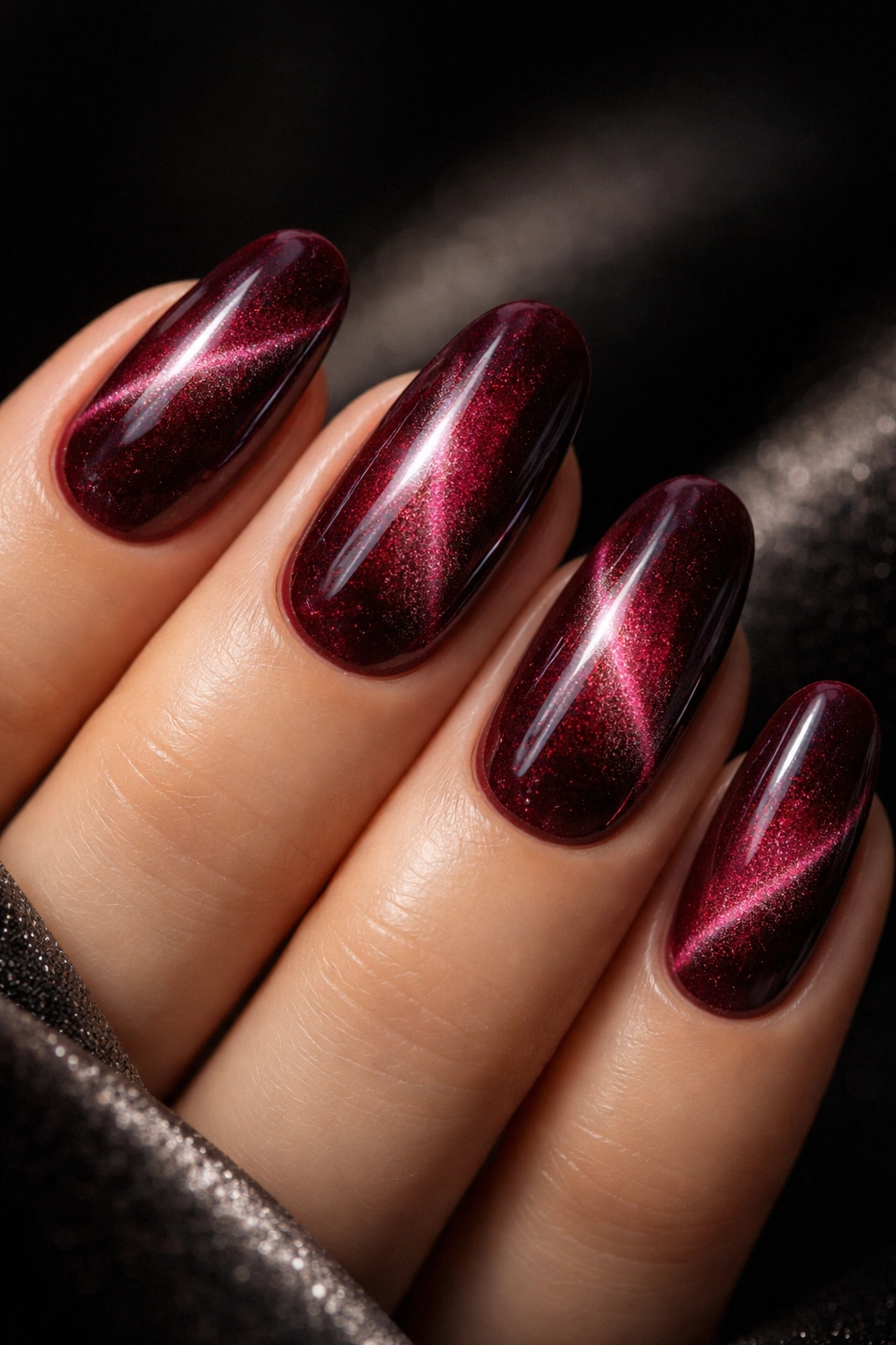 Burgundy velvet nails with magnetic cat-eye stripes