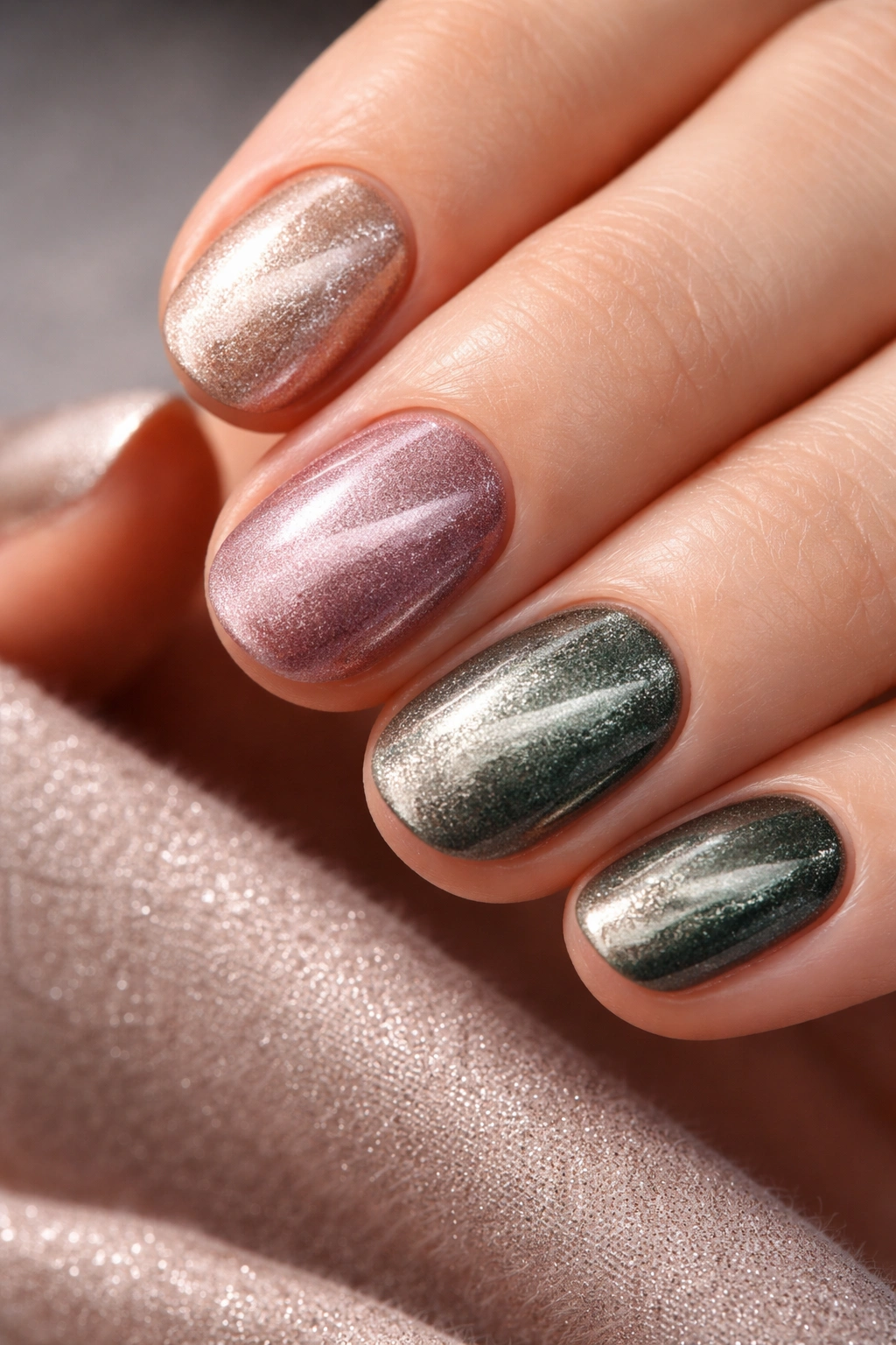 Close-up of short nails with velvet cat-eye texture in champagne tones