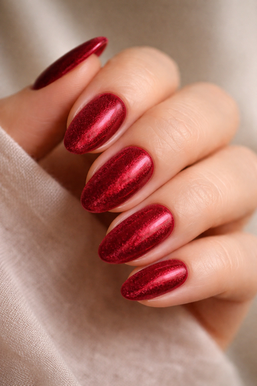 Close-up of short almond nails with velvet cherry red finish and soft fabric-like texture