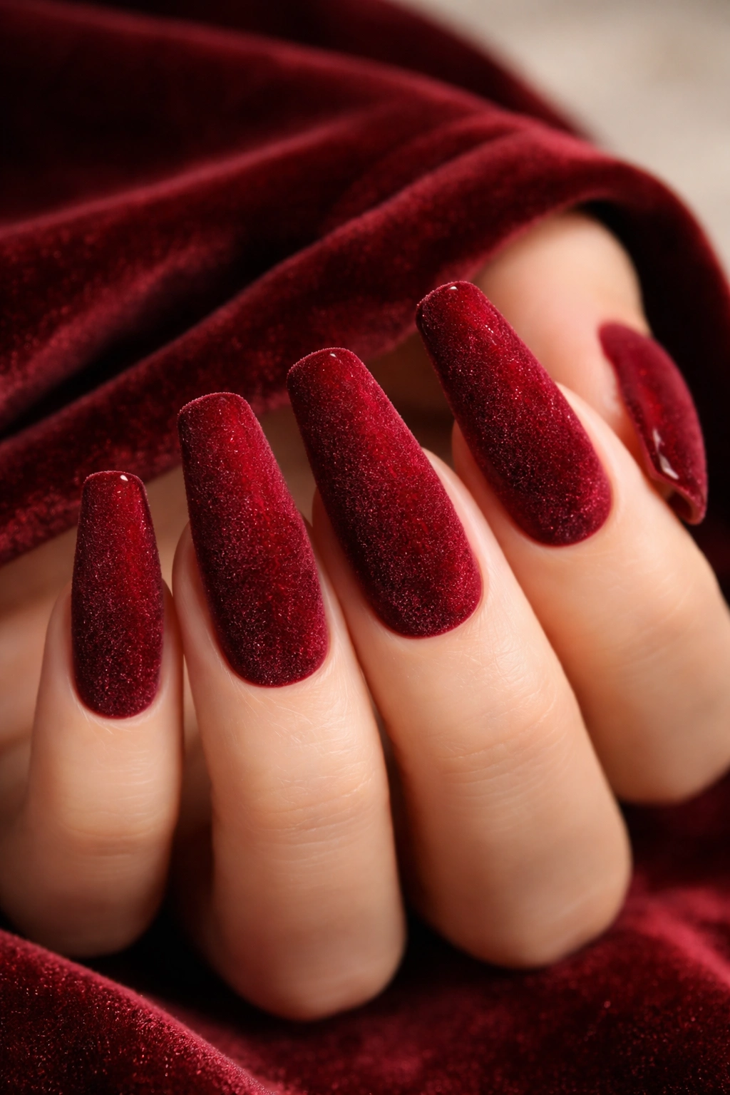 Coffin nails with dark red velvet texture close-up