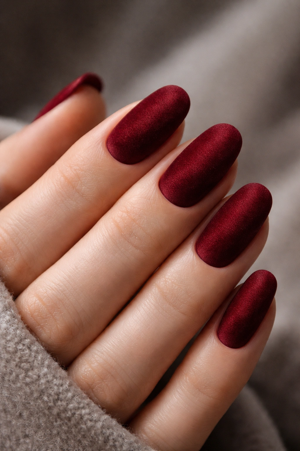 Close-up of velvet-textured dark red nails with a matte suede finish on a hand