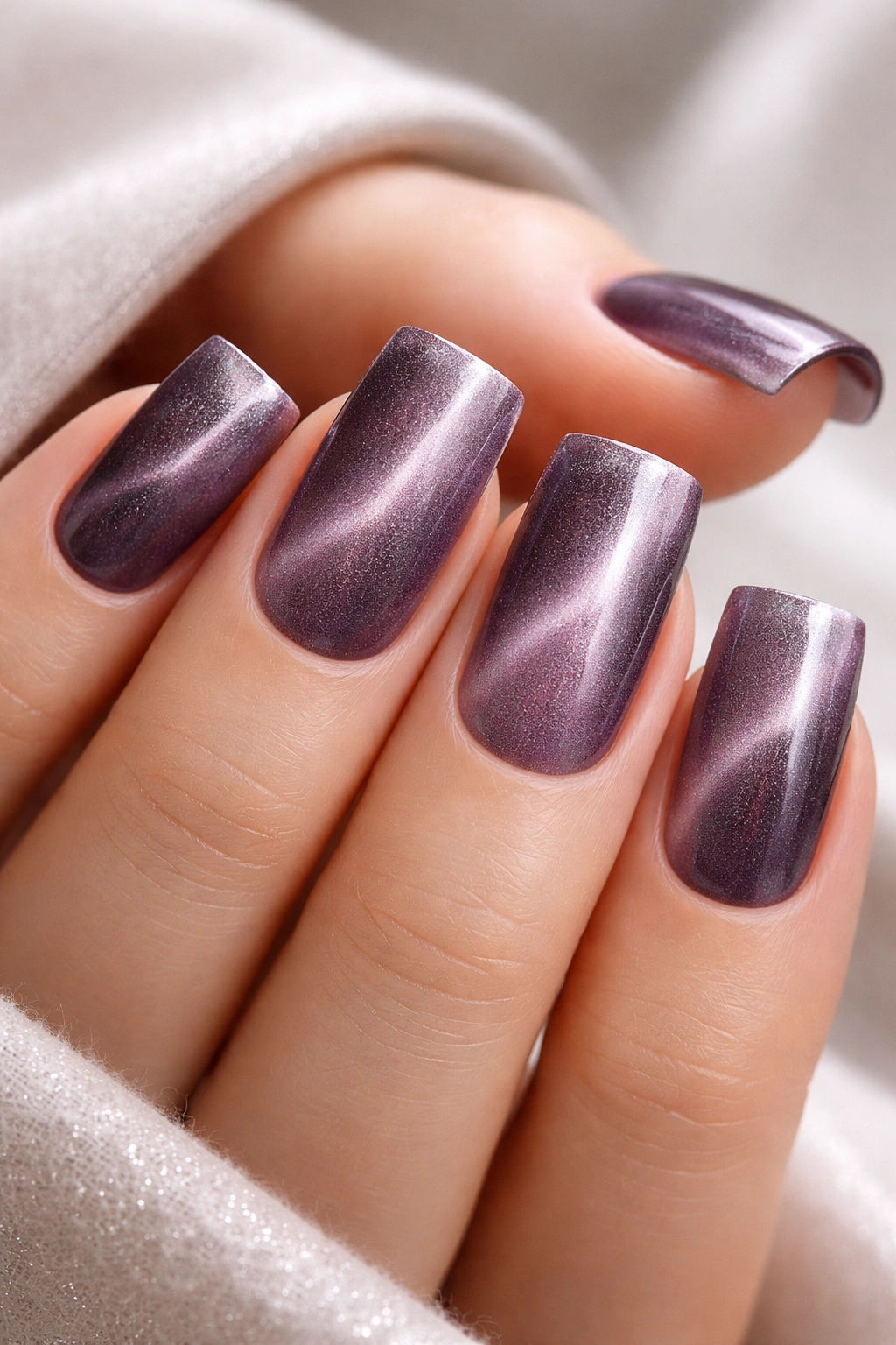 Close-up of square nails with velvet magnetic finish
